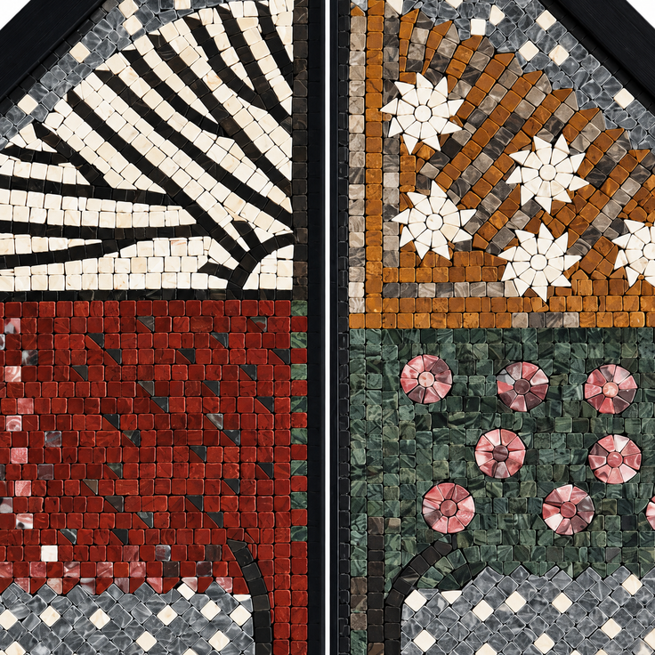 Close-up of stone mosaic panels with orange, red, green, and pink flower details in frames