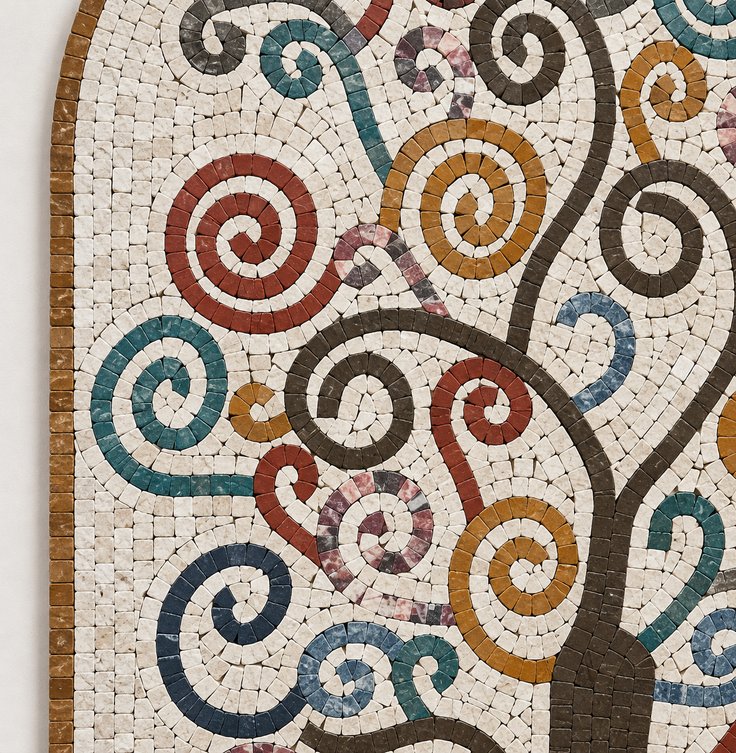 Close-up stone mosaic tree pattern with circular tile swirls in teal, red, and tan