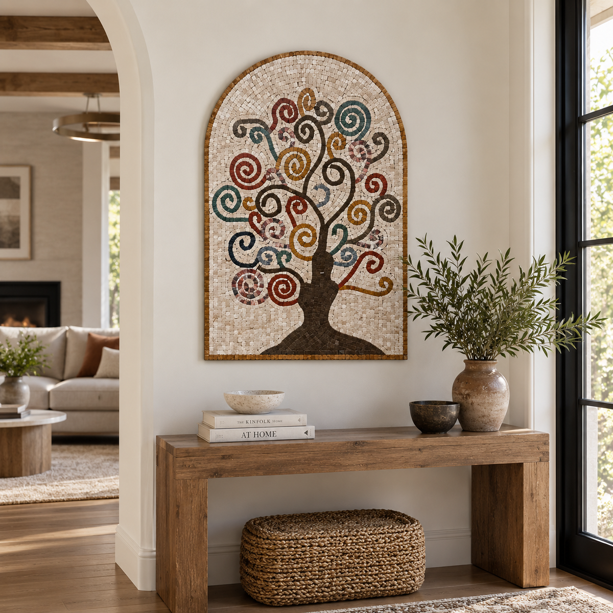 Arched stone mosaic tree wall art with colorful swirling branches and dark base