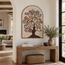 Arched stone mosaic tree wall art with colorful swirling branches and dark base