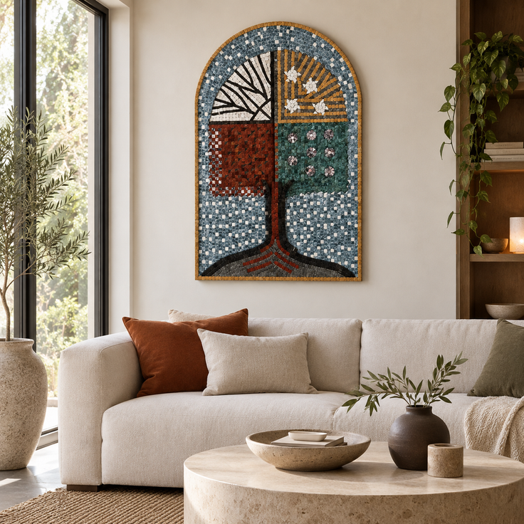 Arched stone mosaic wall art featuring tree motif with multicolor tiles in an interior setting