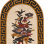 Close-up of oval stone mosaic flower and leaf motif with black, red, and gold stones