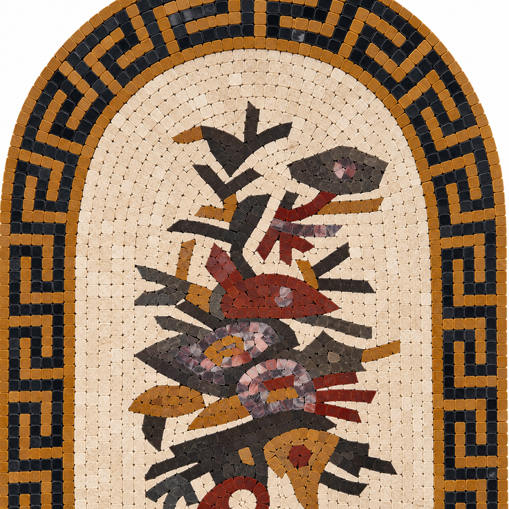 Close-up of oval stone mosaic flower and leaf motif with black, red, and gold stones