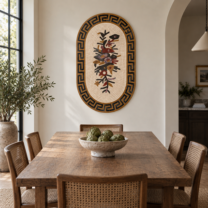 Handmade oval stone mosaic wall art with Greek key frame and floral bird design