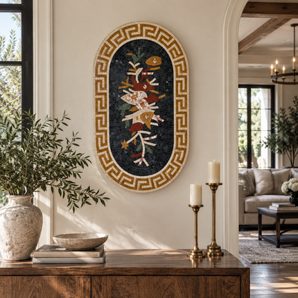 Oval floral mosaic wall hanging with Greek key frame and multicolor bird motif.