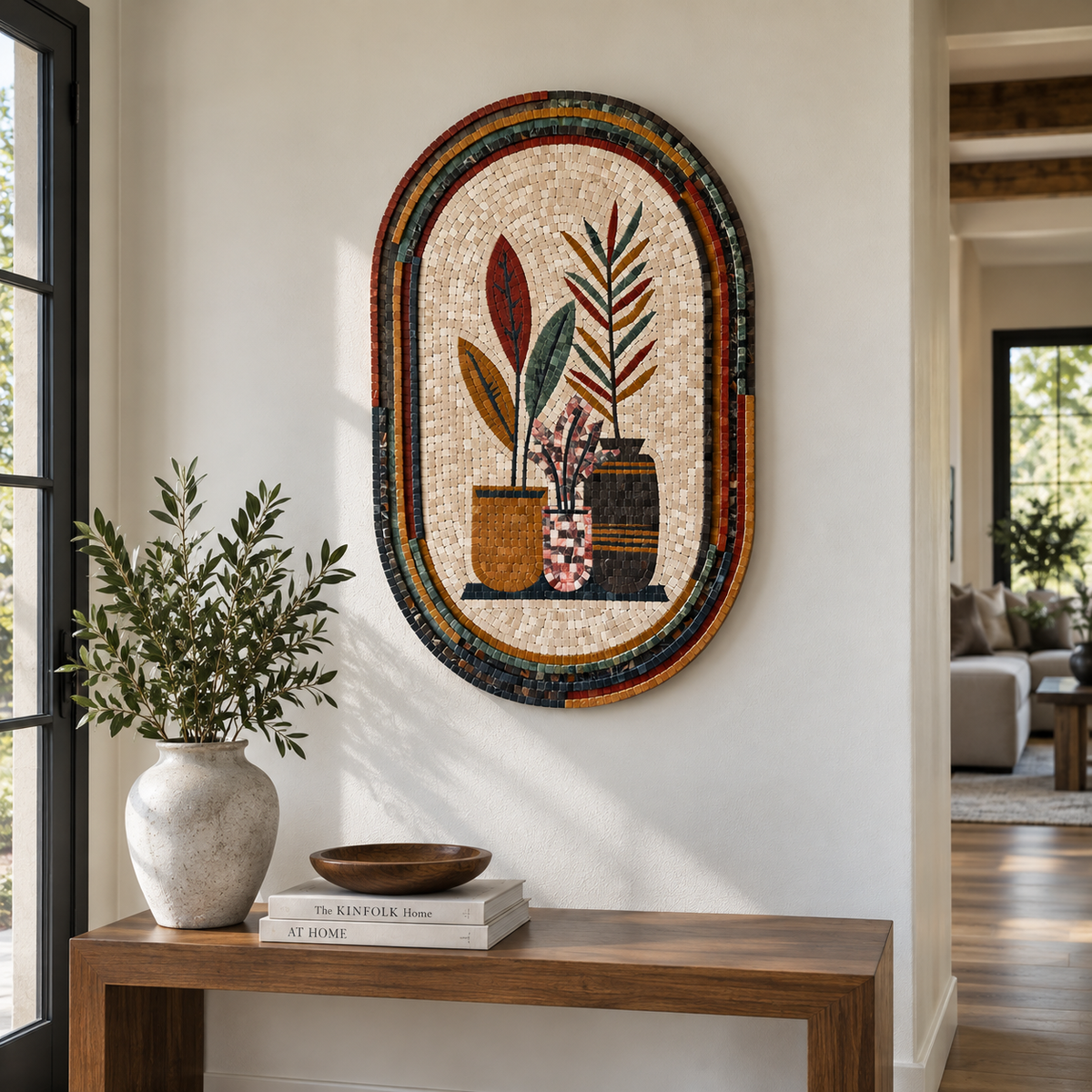 Oval stone mosaic wall art with plant stems and vases, arched multicolor border
