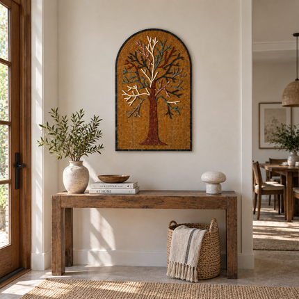 Tree of life mosaic artwork in an arched frame, orange tile background and detailed branches