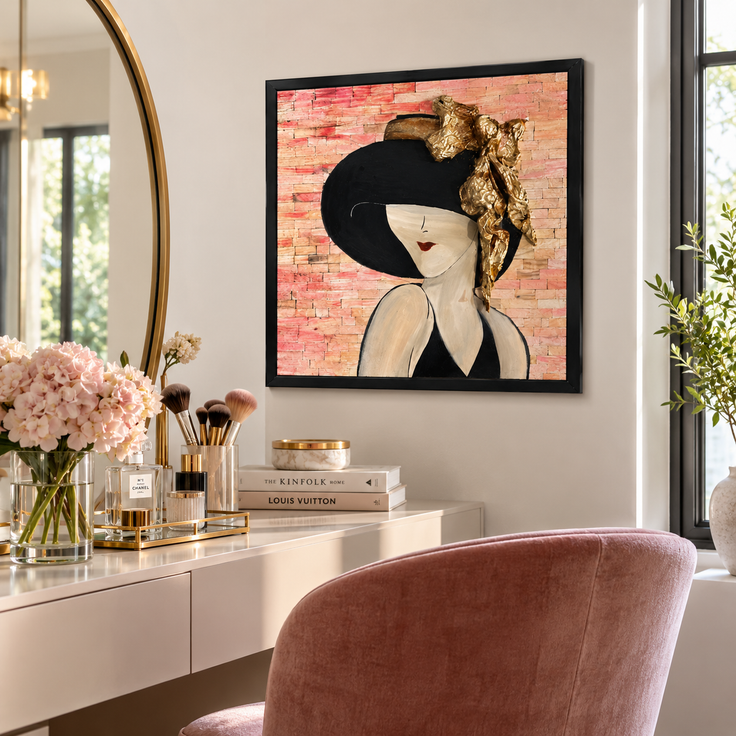Framed mosaic portrait of a woman with a gold hat, black headpiece, brick-style background