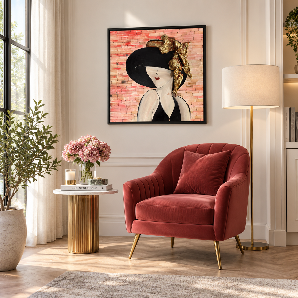 Framed mosaic portrait with a woman in a gold hat and black veil, brick wall backdrop
