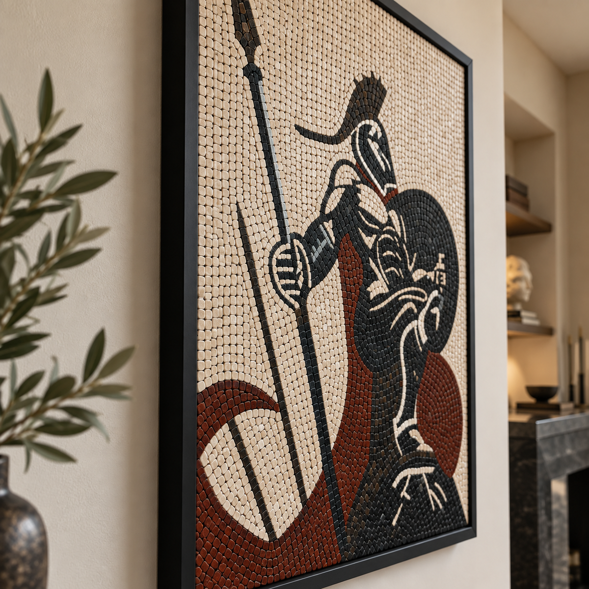 Close-up framed Spartan warrior mosaic with spear and helmet, black-red-white tile pattern
