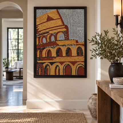 Framed mosaic wall art showing layered arches with gold and red tones on gray