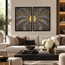 Two-panel framed mosaic set with gold center and gray arcing bands over dark speckled tiles