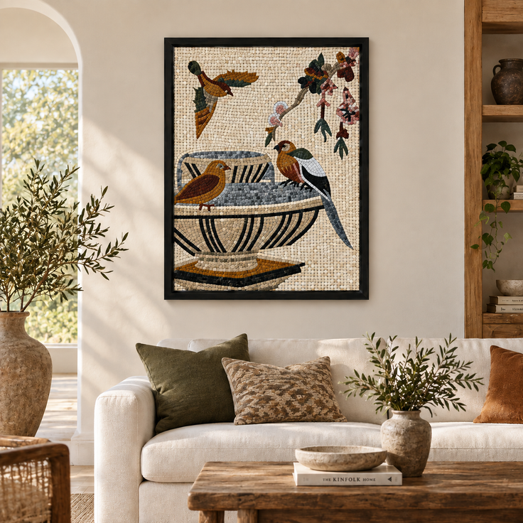 Framed mosaic birds and botanical stems on a patterned blue vase, black border