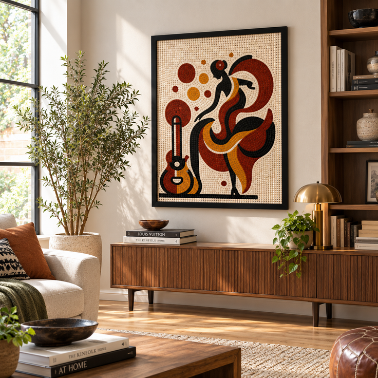 Framed mosaic wall art featuring a standing dancer with guitar in red and black tiles