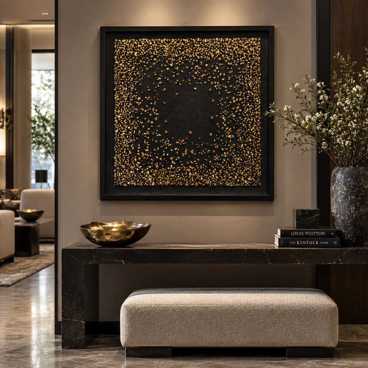 Framed mosaic wall panel with gold speckles on dark background, square format