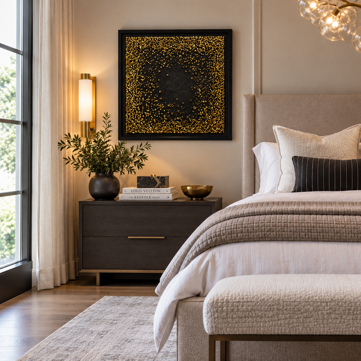 Framed wall panel with dark textured surface and scattered gold mosaic dust