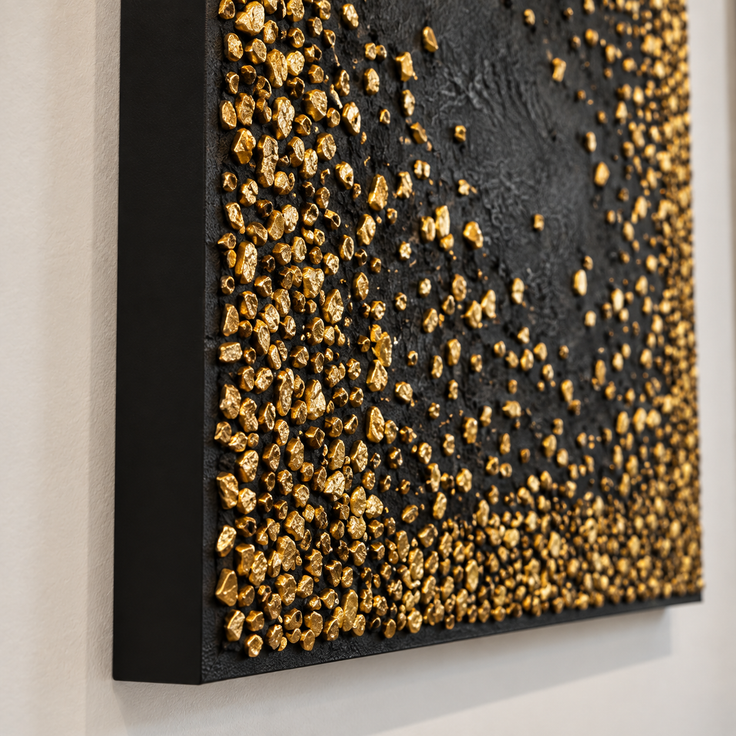 Close-up of dark wall art texture with raised gold flecks in a gradient pattern