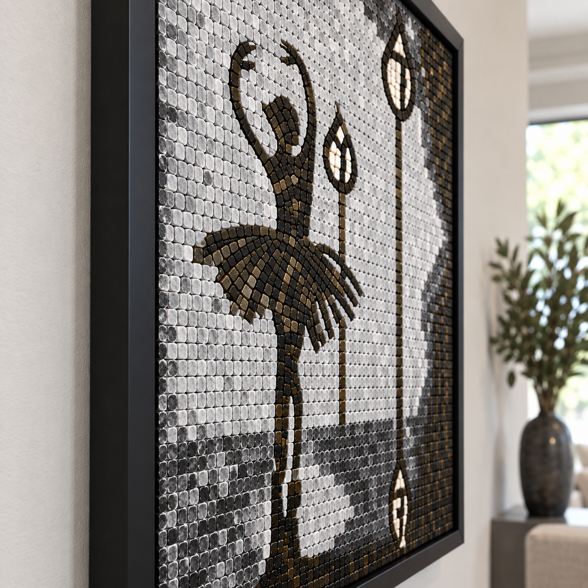 Close-up of framed monochrome glass mosaic ballerina and hanging lamp shapes