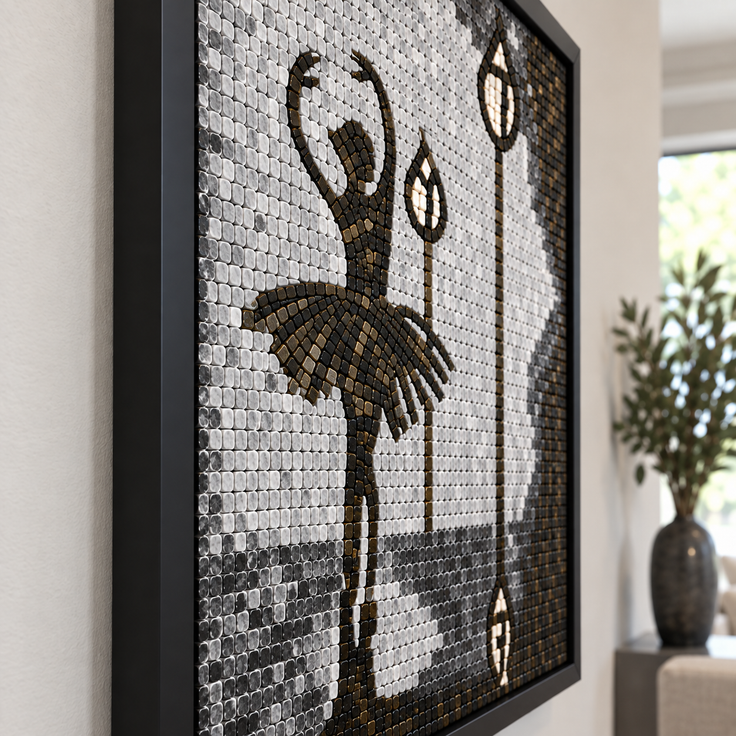 Close-up of framed monochrome glass mosaic ballerina and hanging lamp shapes