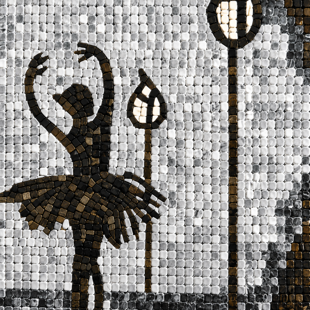 Monochrome glass mosaic detail pattern forming ballerina and hanging lamp motifs