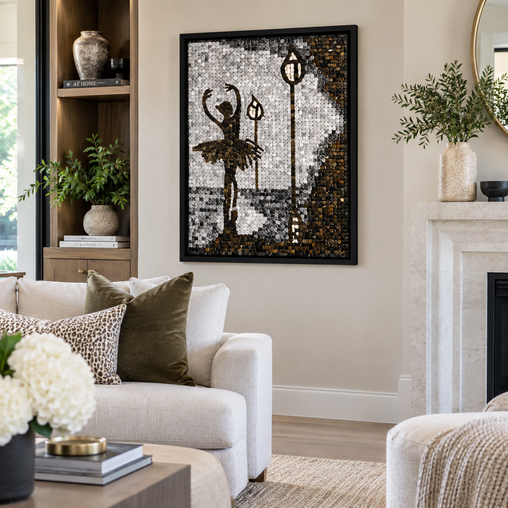 Framed monochrome glass mosaic wall art of a ballerina with two hanging lamps