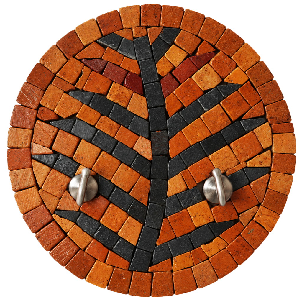Round orange and black stone mosaic key holder with two hook nails, tree motif