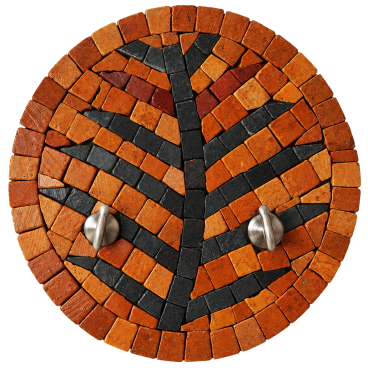 Round orange and black stone mosaic key holder with two hook nails, tree motif
