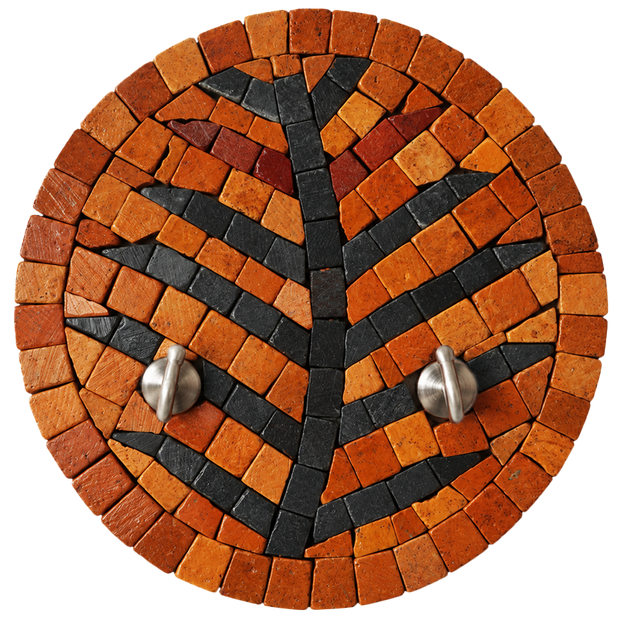 Round orange and black stone mosaic key holder with two hook nails, tree motif