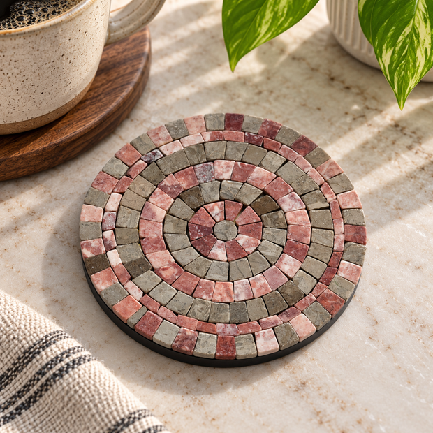 Round mosaic stone coaster with concentric rosette rings in rose, taupe, and dark gray