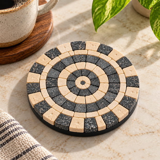Round stone mosaic coaster featuring concentric black and tan tile rings with center rosette