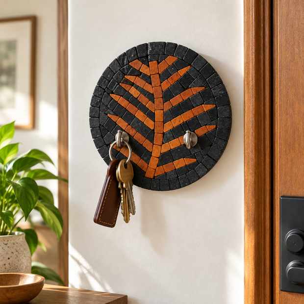 Round stone mosaic wall key holder with black and amber tree design and 2 hooks