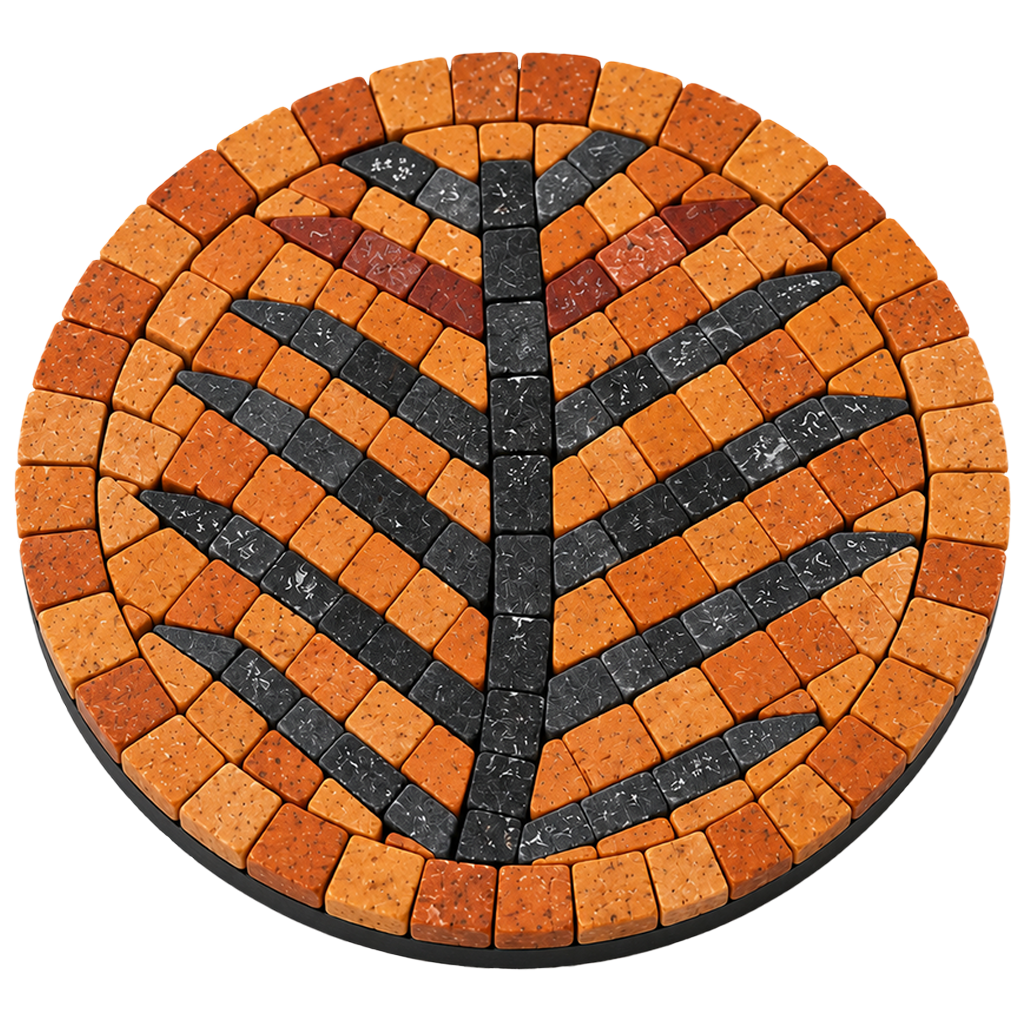 Round mosaic coaster with orange and black stone tile pattern and leaf-shaped center motif