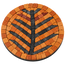 Round mosaic coaster with orange and black stone tile pattern and leaf-shaped center motif