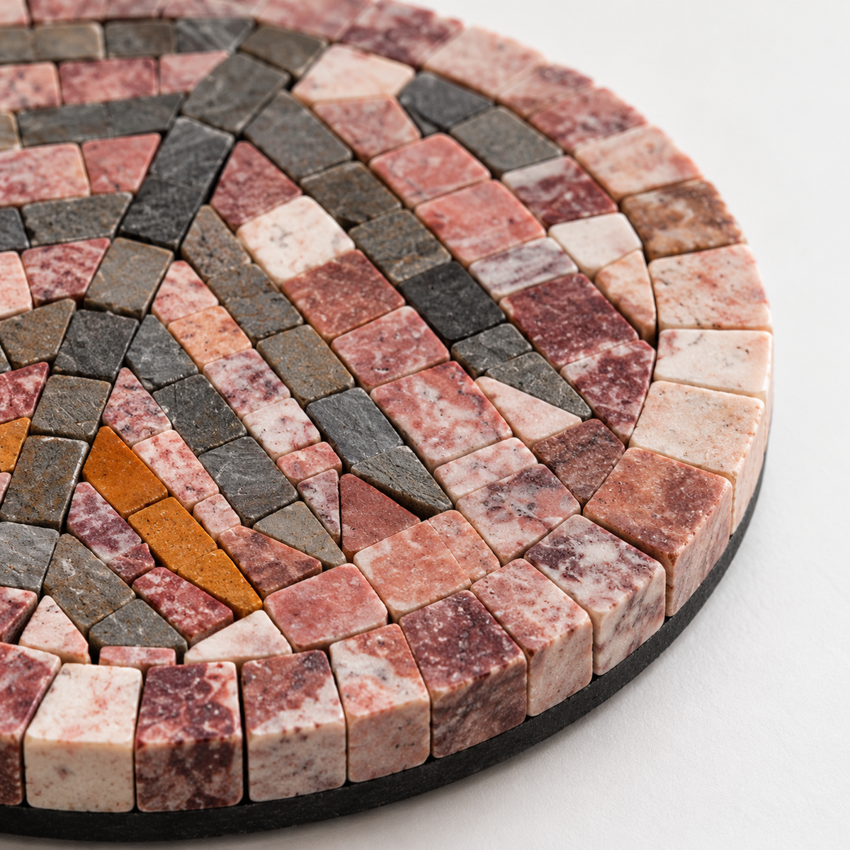 Close-up of round stone mosaic coaster edge with pink, beige, and dark tile sections