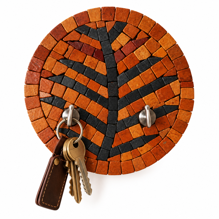 Round orange and black mosaic key holder with two hanging hooks, tree design