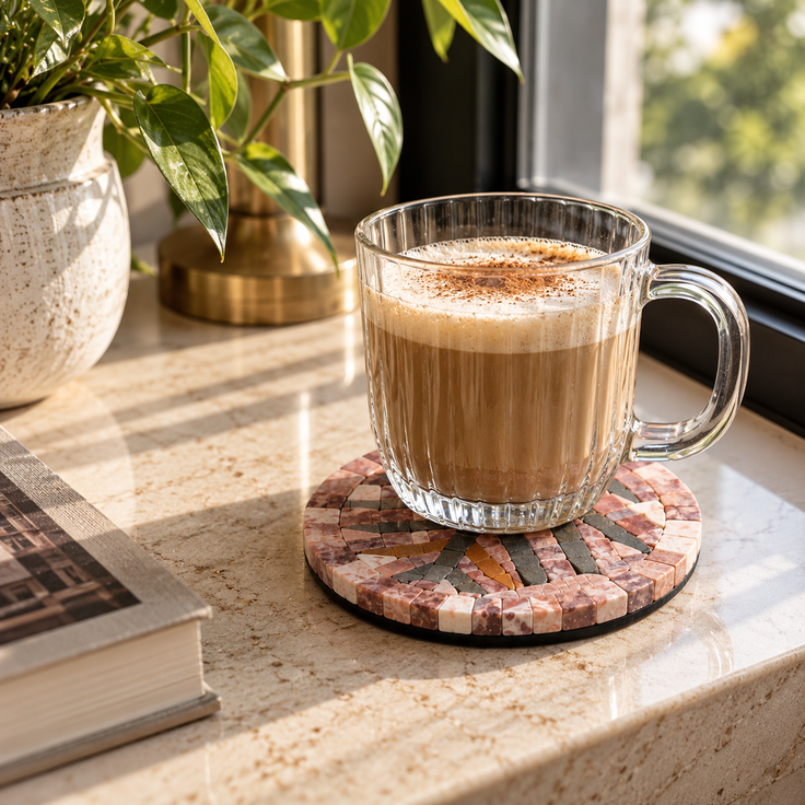 Circular stone mosaic coaster with pink and beige tiles and dark geometric design under coffee