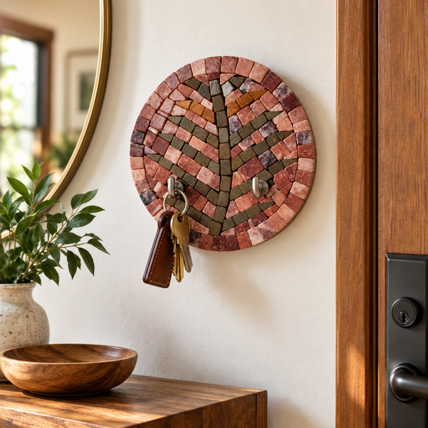 Stone mosaic round wall key holder with branch mosaic, two metal hooks holding keys