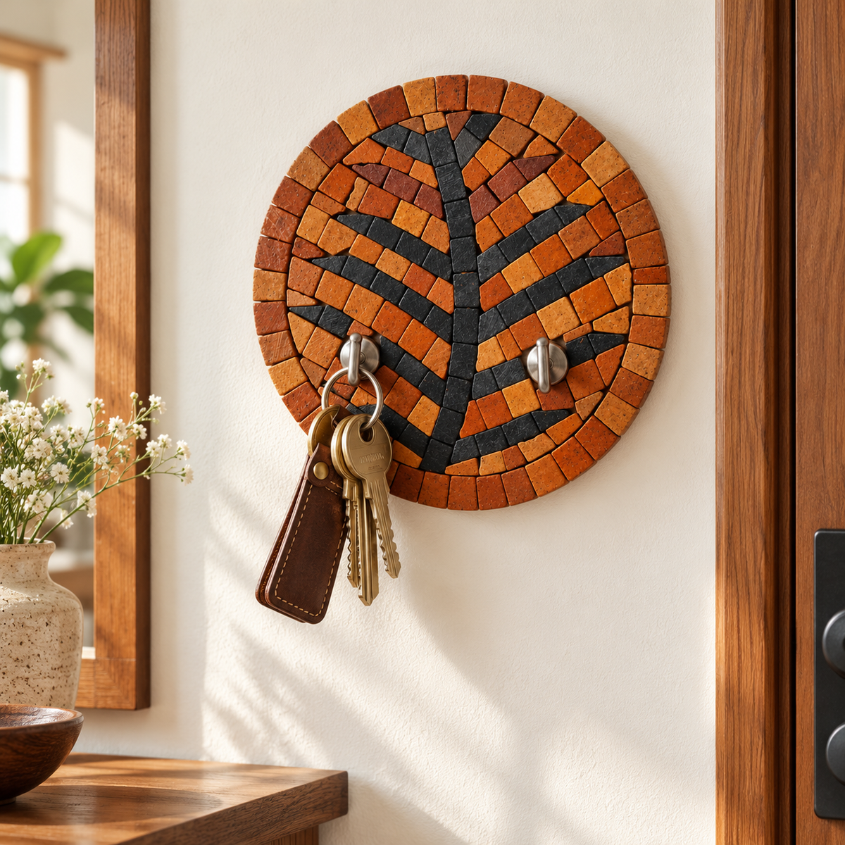 Stone mosaic round wall key holder with tree pattern and two metal key hooks