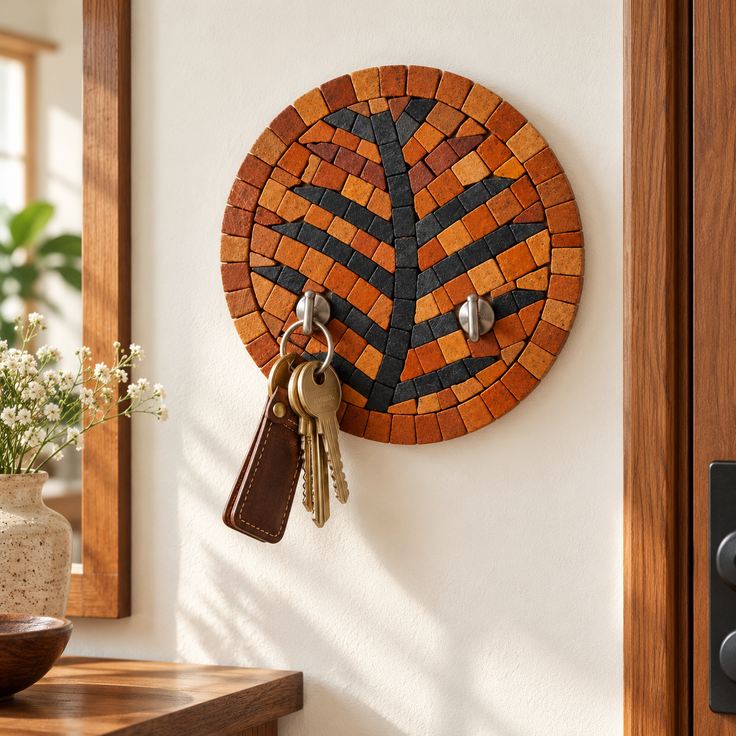 Stone mosaic round wall key holder with tree pattern and two metal key hooks
