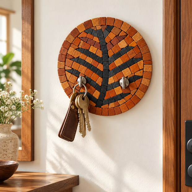 Stone mosaic round wall key holder with tree pattern and two metal key hooks