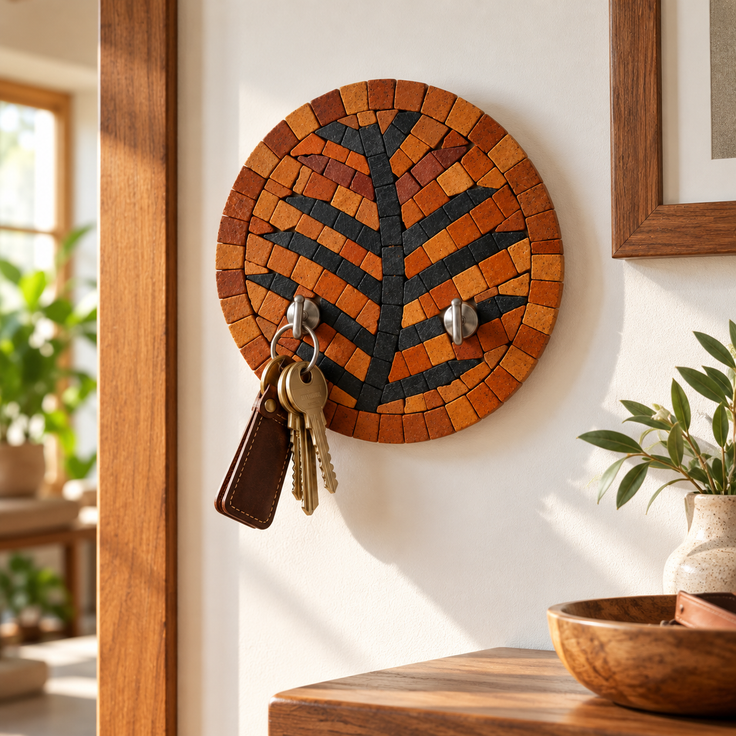 Orange and black mosaic tree key holder with two metal hooks for keys