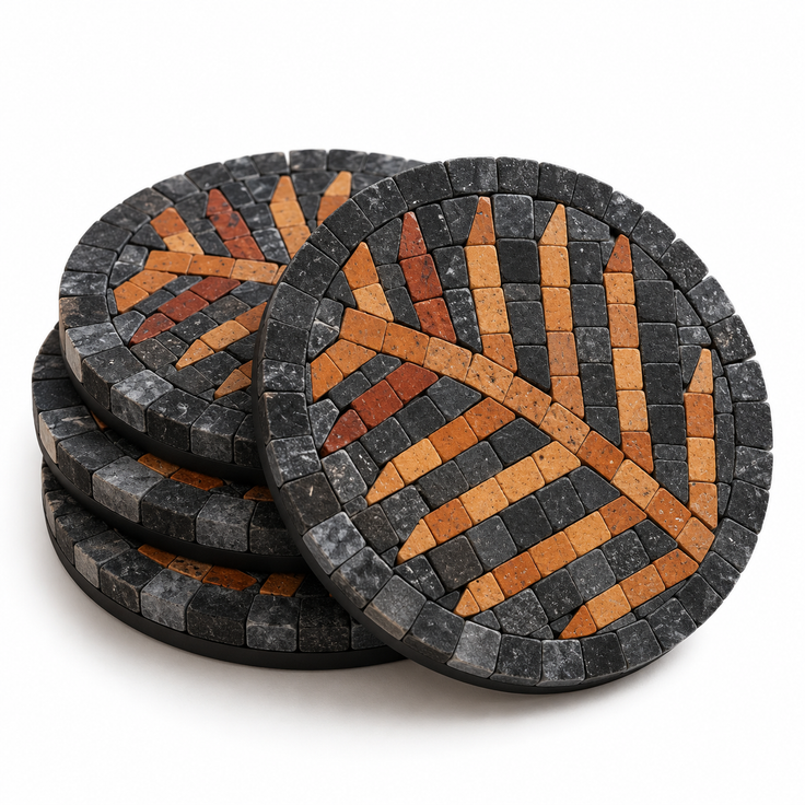 Round stone mosaic coaster pair with black border and amber leaf patterns
