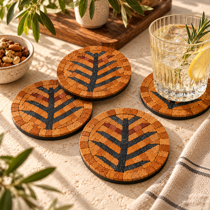 Round stone mosaic coasters with orange tiles and black tree design, dark rims