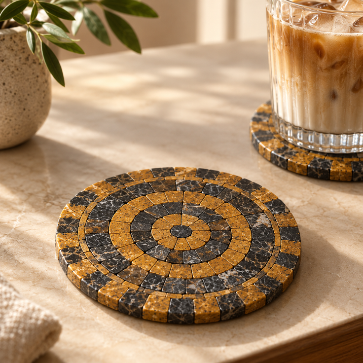Round stone mosaic coaster with orange and black checker-tile spiral and small center circle.