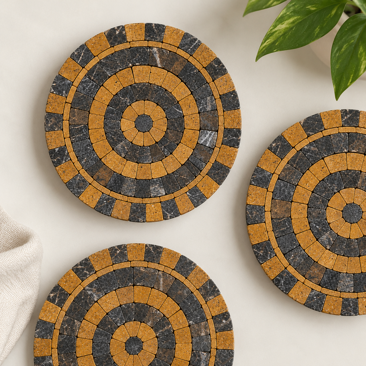 Set of 3 round stone mosaic coasters with orange, black, and gray concentric tile spiral.