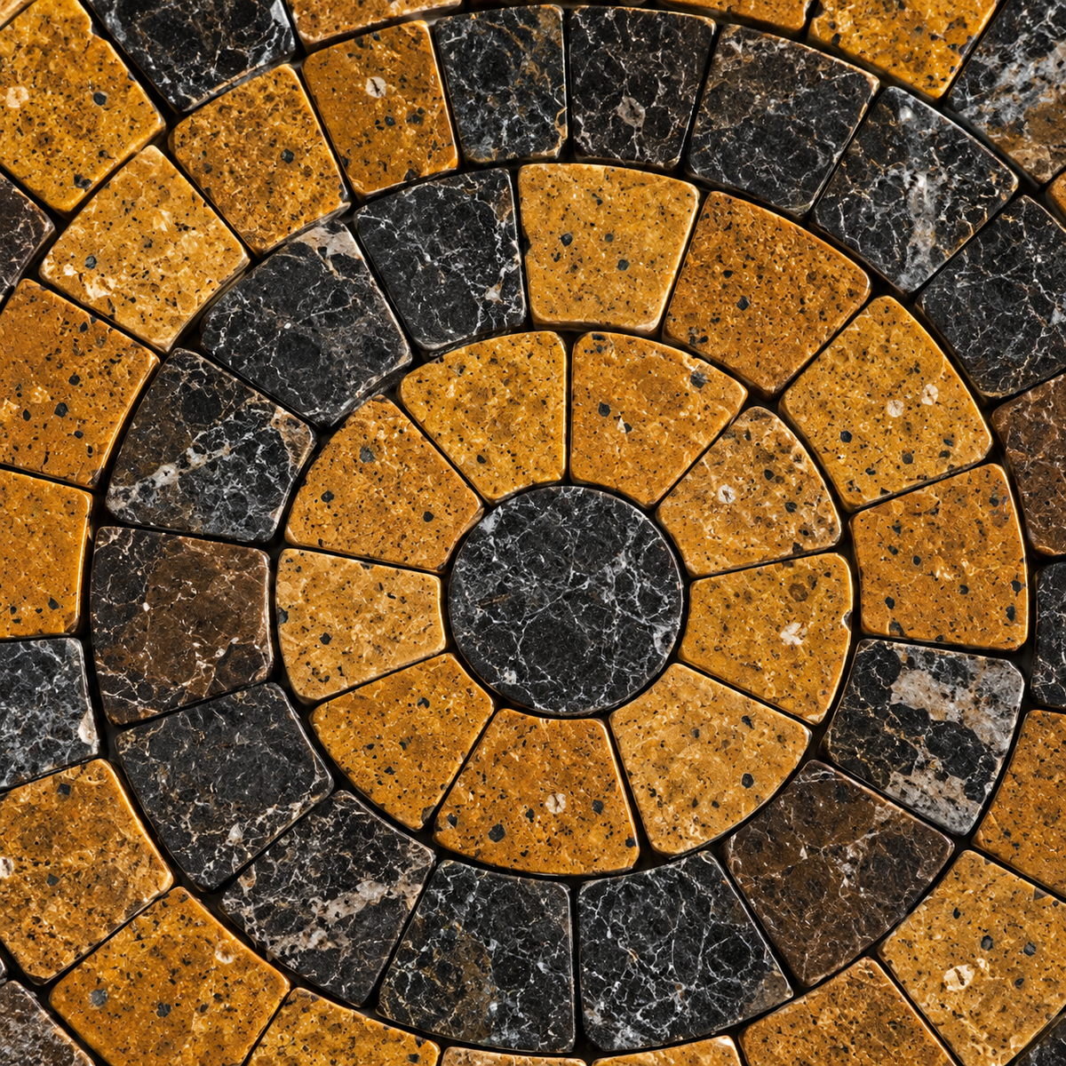 Round stone mosaic coaster with orange and black concentric tile spiral and center medallion.